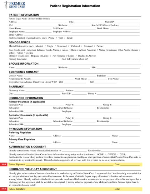 Patient Registration Information form preview