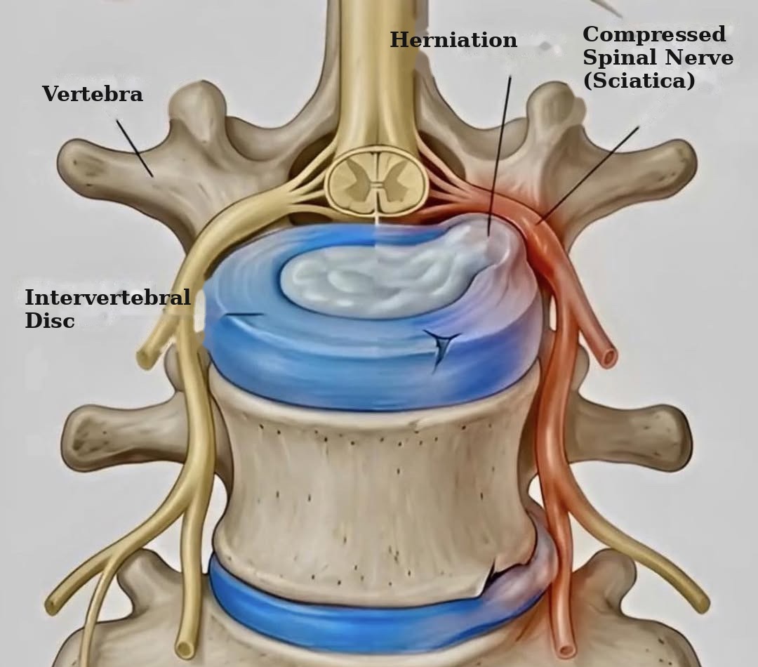 A herniated lumbar disc pressing on an exiting spinal nerve, shown in red